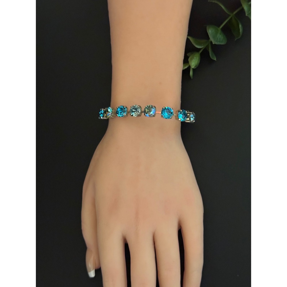 Blue Crystal Tennis Bracelet Silver Tone Adjustable 7-9 Inch Aurora Borealis - Picture 2 of 10